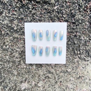 Before Red blue color shifting press on nails with silver base and violet reflections